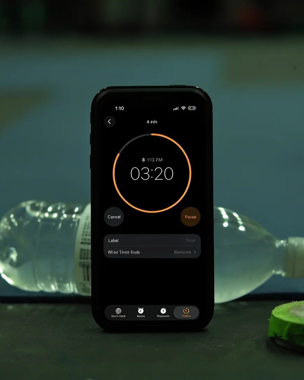 A phone propped against a water bottle on the edge of a gym mat, running the stock phone timer with three minutes and twenty seconds left, a roll of hand wrap beside it